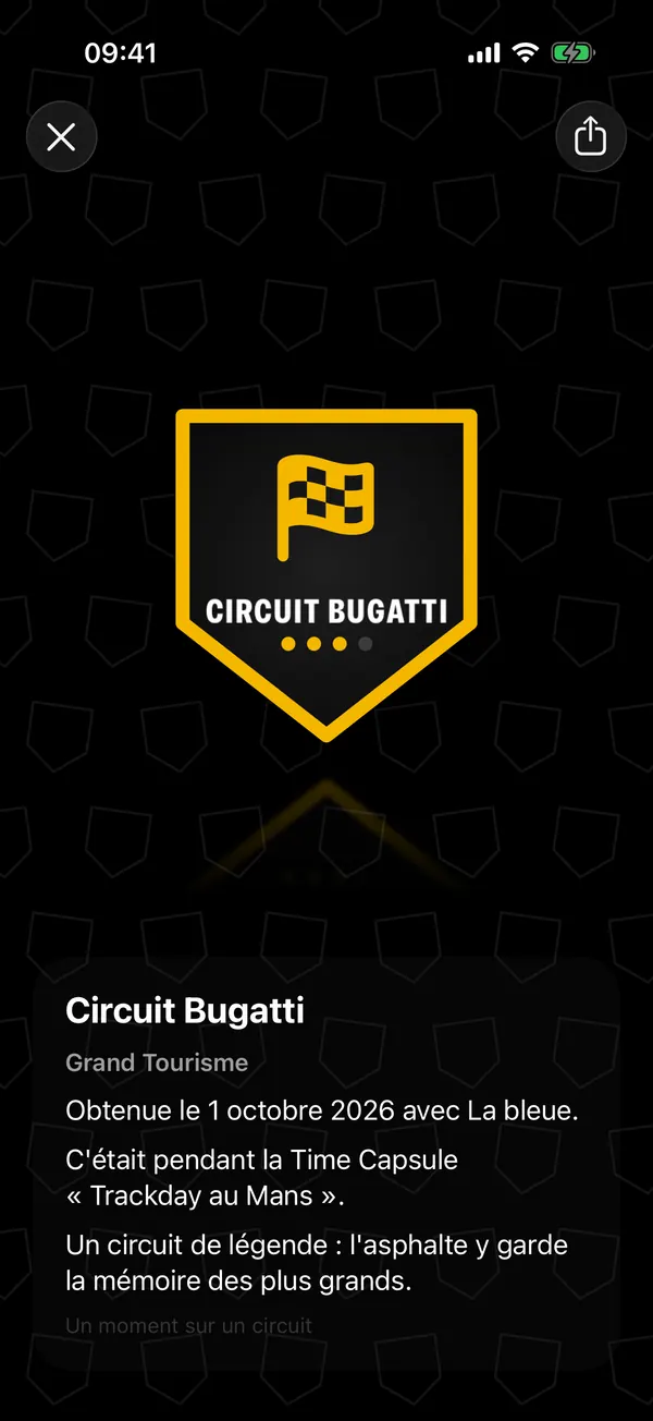 Le badge Circuit Bugatti en plein écran, avec sa petite histoire et le bouton de partage