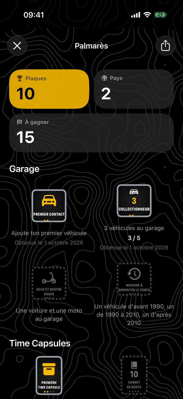 Écran Palmarès de l'app : les badges gagnés, une forme par famille, et ceux qui restent à décrocher
