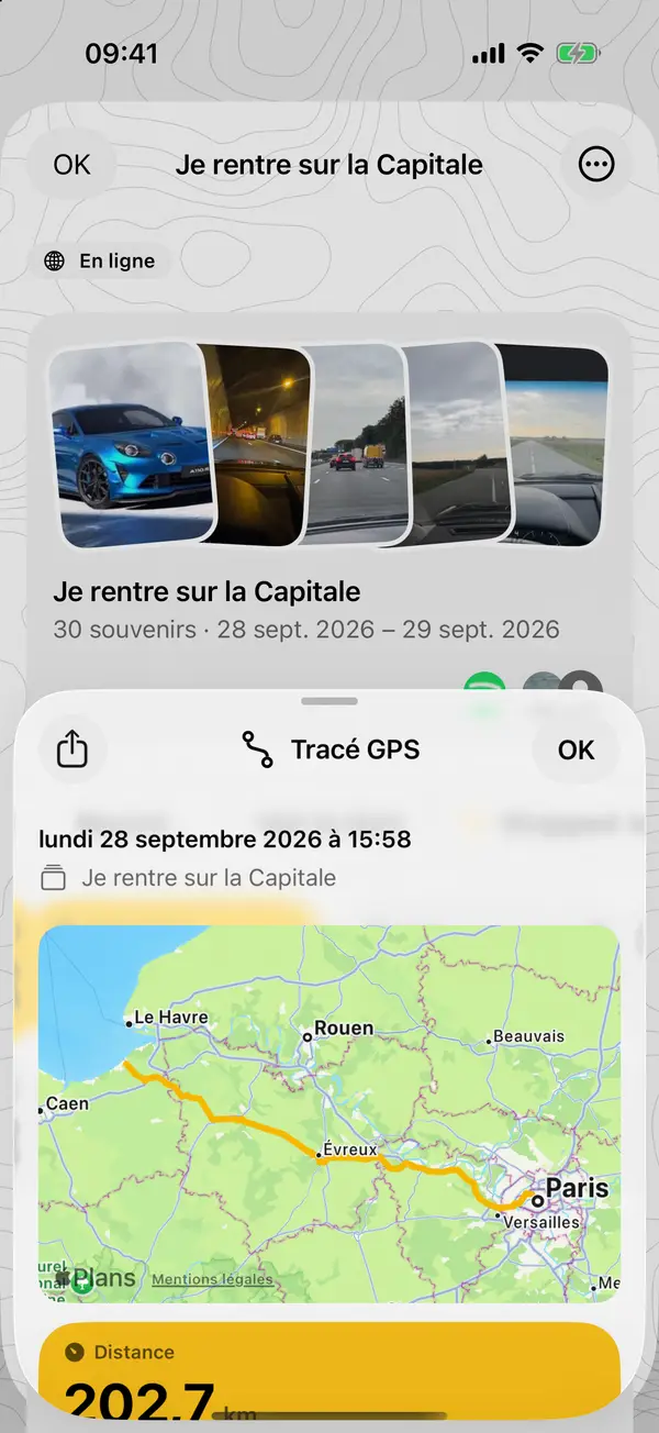 Tracé GPS d'une sortie sur la carte, avec la distance parcourue