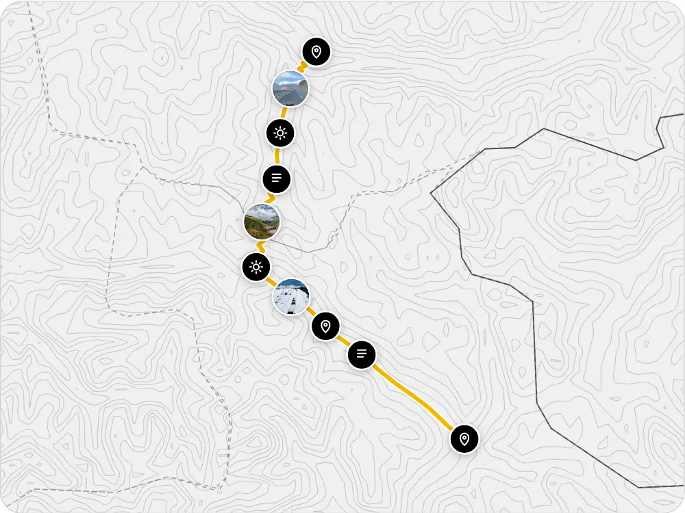 Carte d'une Time Capsule de démonstration&nbsp;: le tracé du col du Galibier sur le relief, avec ses moments épinglés